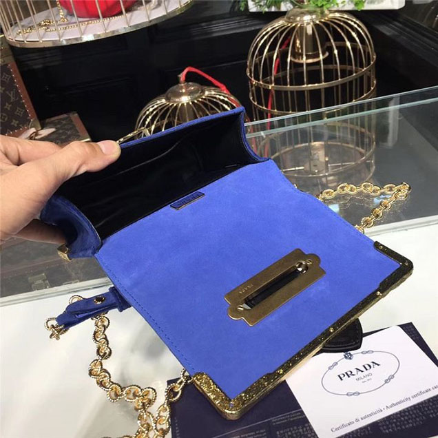 Prada Cahier Crystal-Embellished Velvet Shoulder Bag 18cm Calfskin Leather Fall Winter 2017 Bag Collection Electric Blue