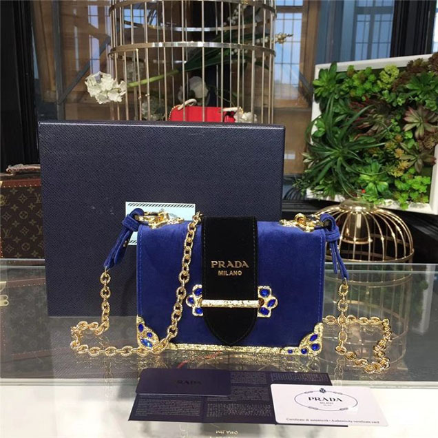 Prada Cahier Crystal-Embellished Velvet Shoulder Bag 18cm Calfskin Leather Fall Winter 2017 Bag Collection Electric Blue