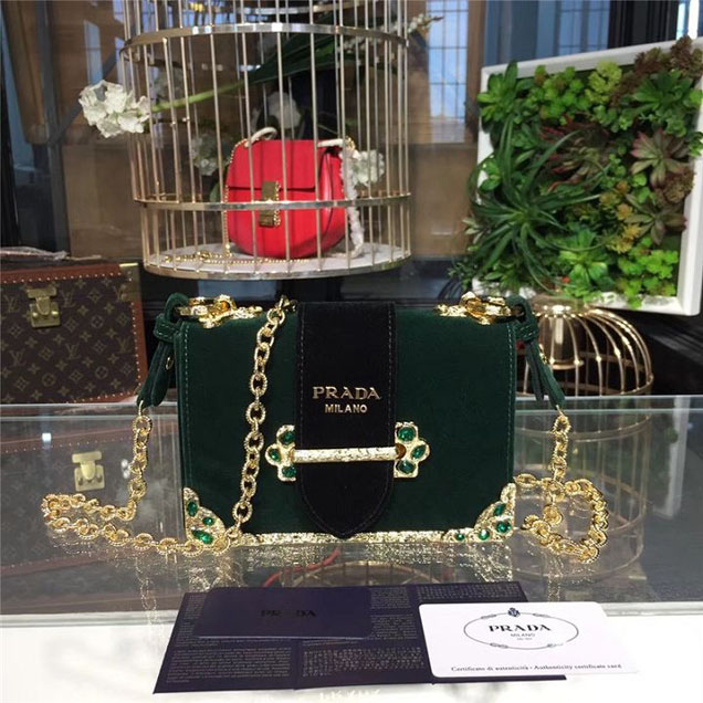 Prada Cahier Crystal-Embellished Velvet Shoulder Bag 18cm Calfskin Leather Fall Winter 2017 Bag Collection Dark Green