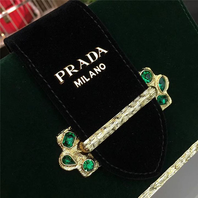Prada Cahier Crystal-Embellished Velvet Shoulder Bag 18cm Calfskin Leather Fall Winter 2017 Bag Collection Dark Green
