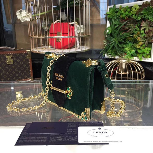 Prada Cahier Crystal-Embellished Velvet Shoulder Bag 18cm Calfskin Leather Fall Winter 2017 Bag Collection Dark Green