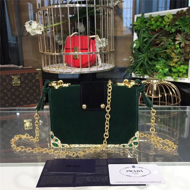 Prada Cahier Crystal-Embellished Velvet Shoulder Bag 18cm Calfskin Leather Fall Winter 2017 Bag Collection Dark Green