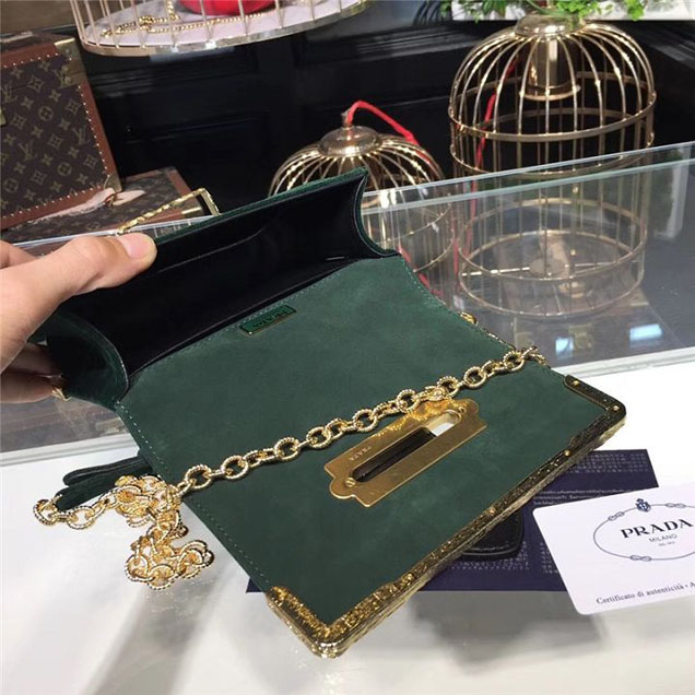 Prada Cahier Crystal-Embellished Velvet Shoulder Bag 18cm Calfskin Leather Fall Winter 2017 Bag Collection Dark Green
