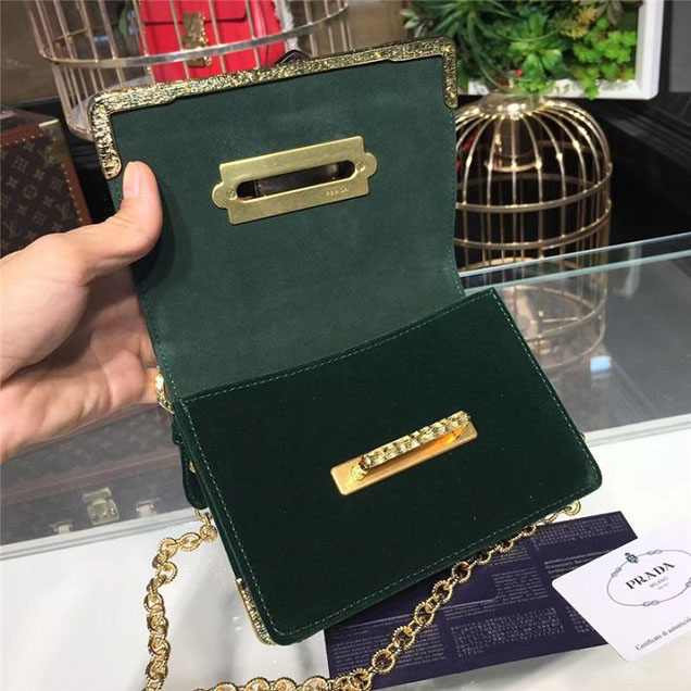 Prada Cahier Crystal-Embellished Velvet Shoulder Bag 18cm Calfskin Leather Fall Winter 2017 Bag Collection Dark Green