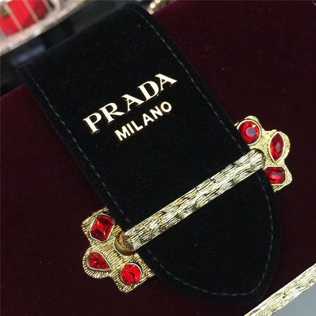 Prada Cahier Crystal-Embellished Velvet Shoulder Bag 18cm Calfskin Leather Fall Winter 2017 Bag Collection Burgundy