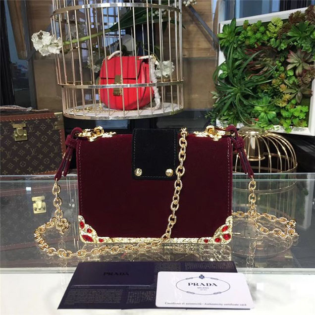 Prada Cahier Crystal-Embellished Velvet Shoulder Bag 18cm Calfskin Leather Fall Winter 2017 Bag Collection Burgundy