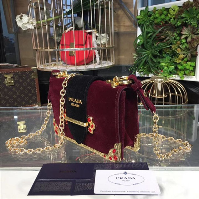 Prada Cahier Crystal-Embellished Velvet Shoulder Bag 18cm Calfskin Leather Fall Winter 2017 Bag Collection Burgundy