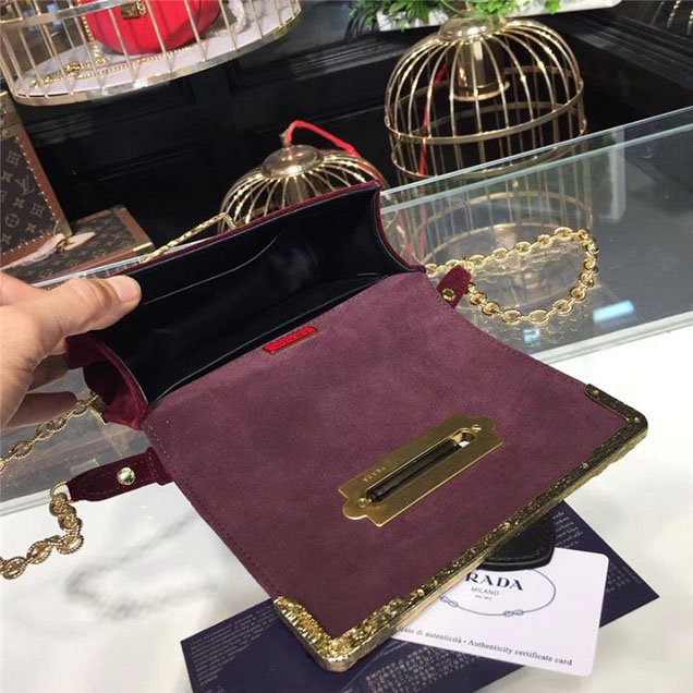 Prada Cahier Crystal-Embellished Velvet Shoulder Bag 18cm Calfskin Leather Fall Winter 2017 Bag Collection Burgundy