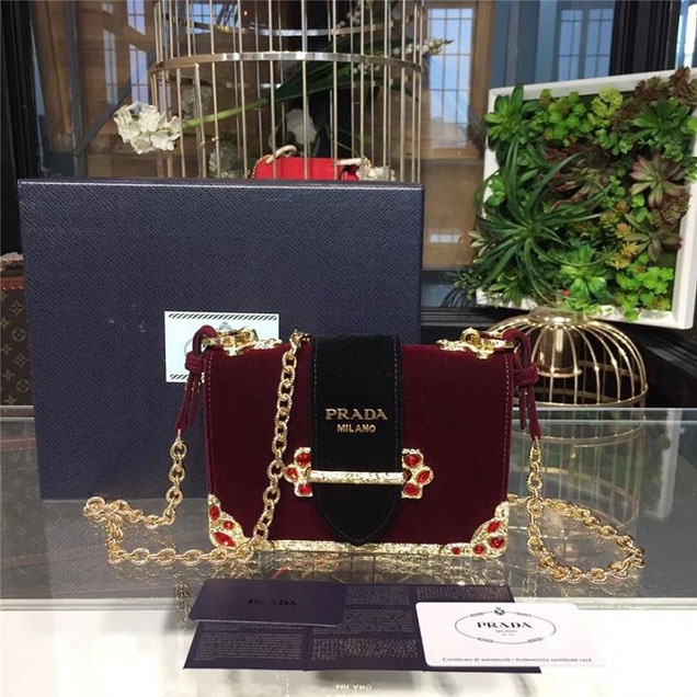 Prada Cahier Crystal-Embellished Velvet Shoulder Bag 18cm Calfskin Leather Fall Winter 2017 Bag Collection Burgundy