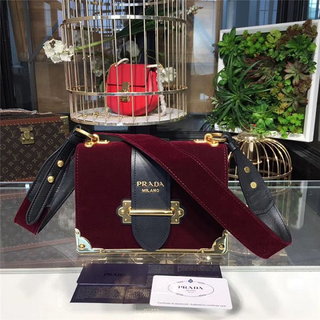 Prada Cahier Velvet Shoulder Bag 20cm Calfskin Leather Fall Winter 2017 Bag Collection Burgundy