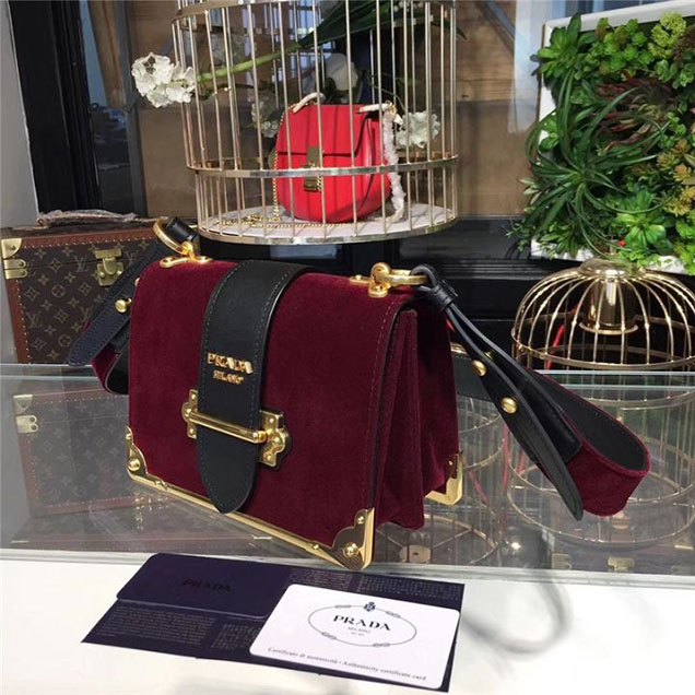 Prada Cahier Velvet Shoulder Bag 20cm Calfskin Leather Fall Winter 2017 Bag Collection Burgundy