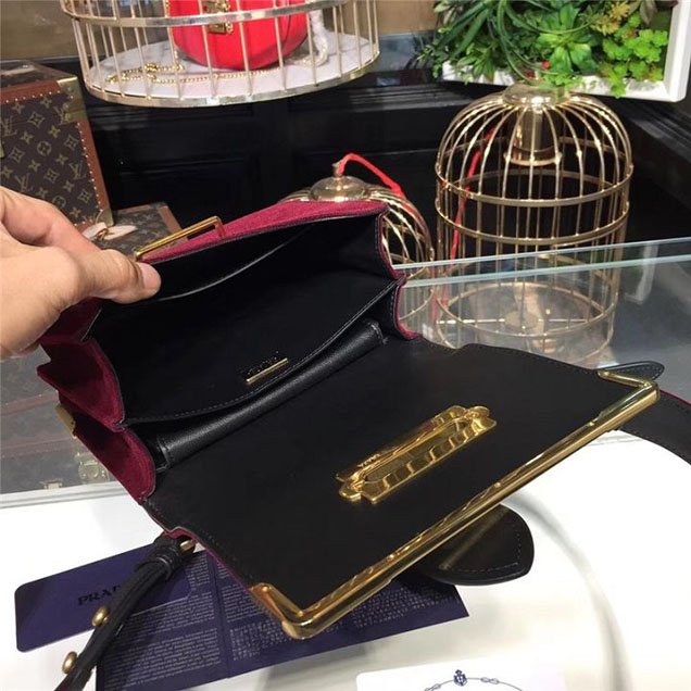 Prada Cahier Velvet Shoulder Bag 20cm Calfskin Leather Fall Winter 2017 Bag Collection Burgundy