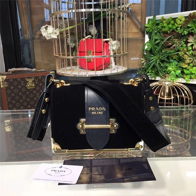 Prada Cahier Velvet Shoulder Bag 20cm Calfskin Leather Fall Winter 2017 Bag Collection Black