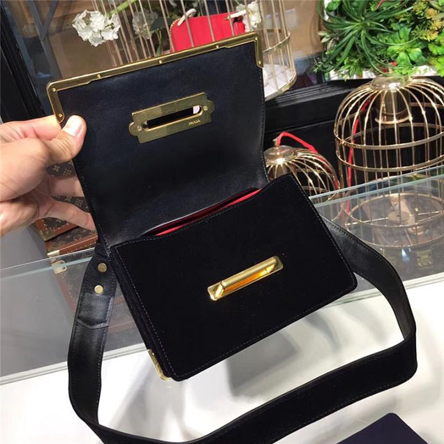 Prada Cahier Velvet Shoulder Bag 20cm Calfskin Leather Fall Winter 2017 Bag Collection Black