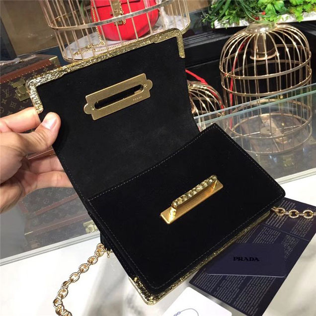 Prada Cahier Crystal-Embellished Velvet Shoulder Bag 18cm Calfskin Leather Fall Winter 2017 Bag Collection Black Red
