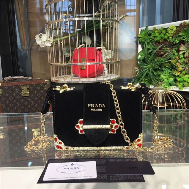 Prada Cahier Crystal-Embellished Velvet Shoulder Bag 18cm Calfskin Leather Fall Winter 2017 Bag Collection Black Red