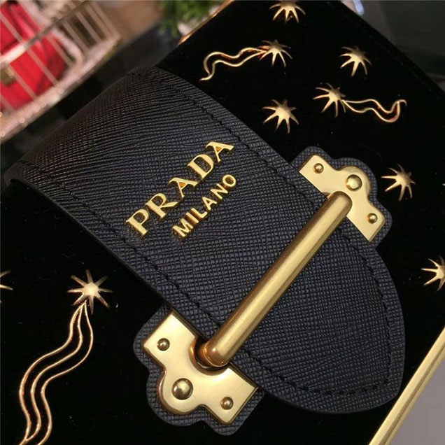 Prada Cahier Astrology Shoulder Bag Suede Calfskin Leather 18cm Fall Winter 2017 Bag Collection Black