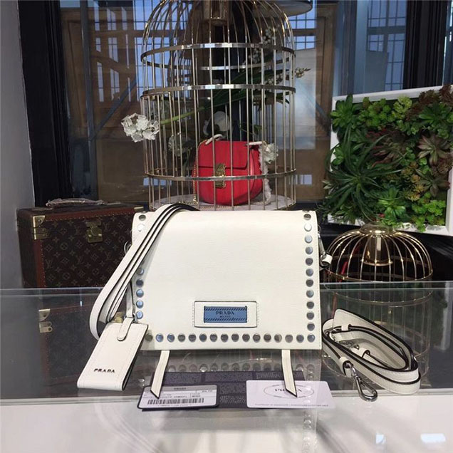 Prada Etiquette Studded Bag 23cm 1BD085 Calfskin Leather Fall Winter 2017 Collection White