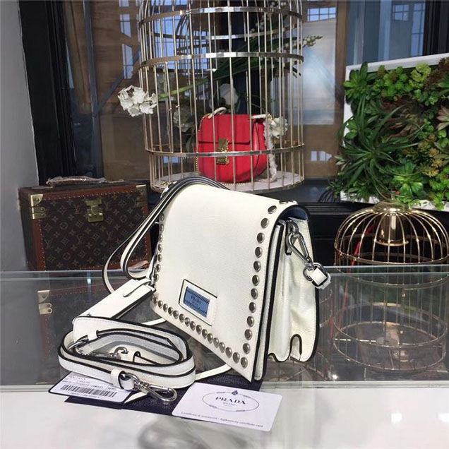 Prada Etiquette Studded Bag 23cm 1BD085 Calfskin Leather Fall Winter 2017 Collection White