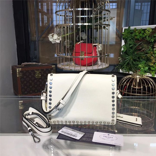 Prada Etiquette Studded Bag 23cm 1BD085 Calfskin Leather Fall Winter 2017 Collection White