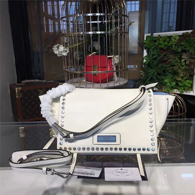 Prada Etiquette Studded Shoulder Bag 28cm 1BD085 Calfskin Leather Fall Winter 2017 Collection White