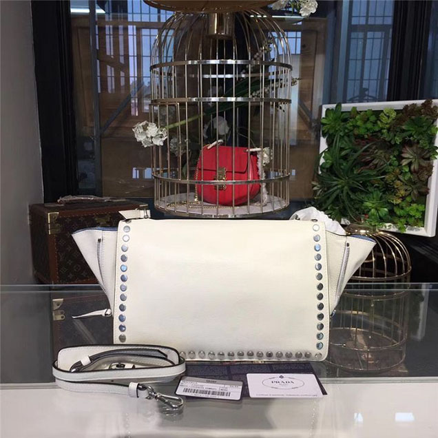 Prada Etiquette Studded Shoulder Bag 28cm 1BD085 Calfskin Leather Fall Winter 2017 Collection White