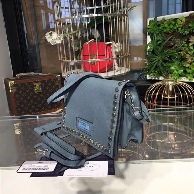 Prada Etiquette Studded Bag 23cm 1BD085 Calfskin Leather Fall Winter 2017 Collection Light Blue