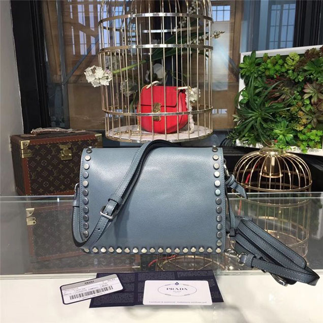 Prada Etiquette Studded Bag 23cm 1BD085 Calfskin Leather Fall Winter 2017 Collection Light Blue