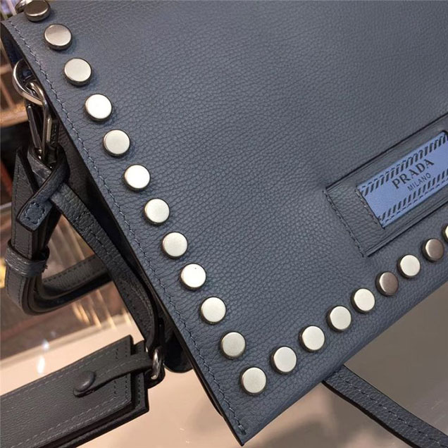 Prada Etiquette Studded Bag 23cm 1BD085 Calfskin Leather Fall Winter 2017 Collection Light Blue