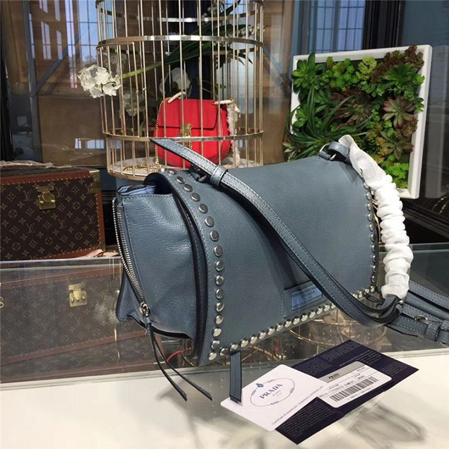 Prada Etiquette Studded Shoulder Bag 28cm 1BD085 Calfskin Leather Fall Winter 2017 Collection Light Blue