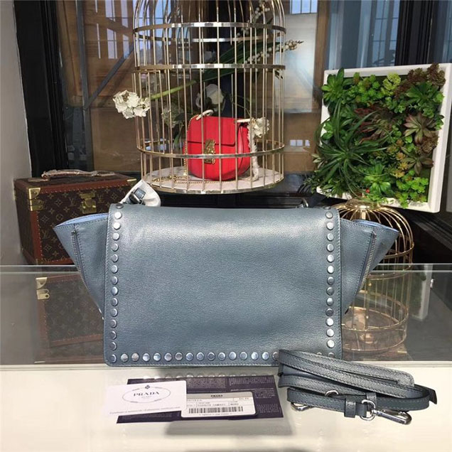 Prada Etiquette Studded Shoulder Bag 28cm 1BD085 Calfskin Leather Fall Winter 2017 Collection Light Blue