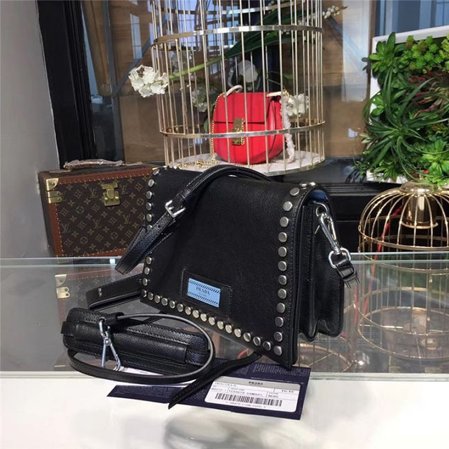 Prada Etiquette Studded Bag 23cm 1BD085 Calfskin Leather Fall Winter 2017 Collection Black