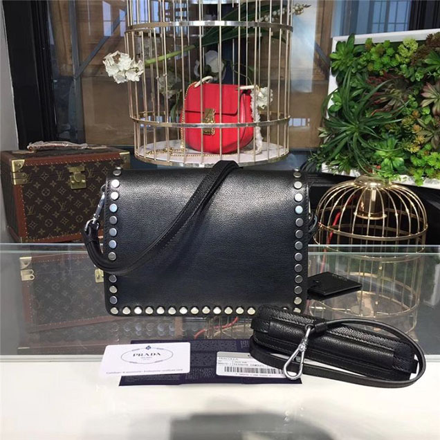 Prada Etiquette Studded Bag 23cm 1BD085 Calfskin Leather Fall Winter 2017 Collection Black