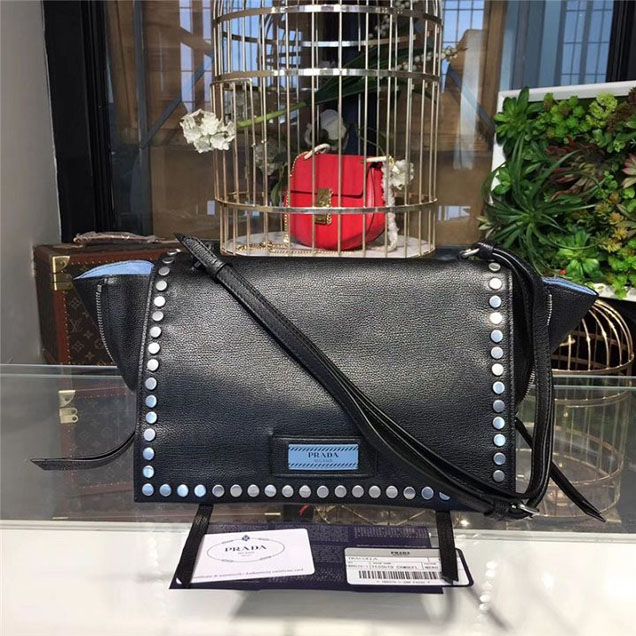 Prada Etiquette Studded Shoulder Bag 28cm 1BD085 Calfskin Leather Fall Winter 2017 Collection Black