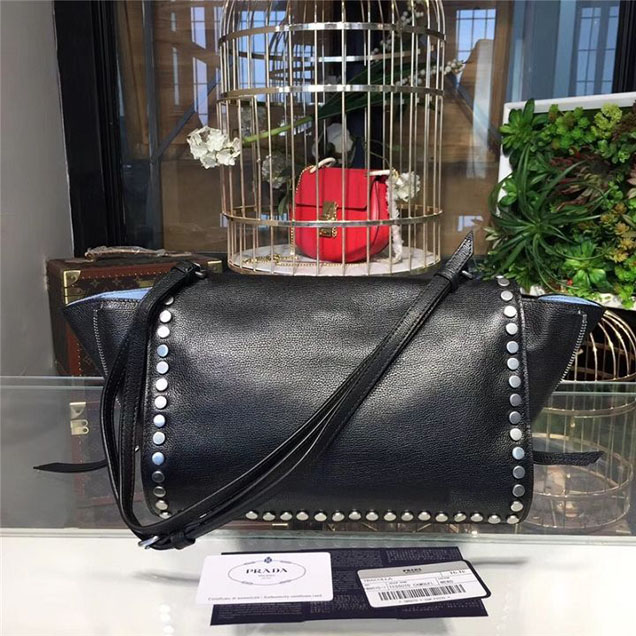 Prada Etiquette Studded Shoulder Bag 28cm 1BD085 Calfskin Leather Fall Winter 2017 Collection Black