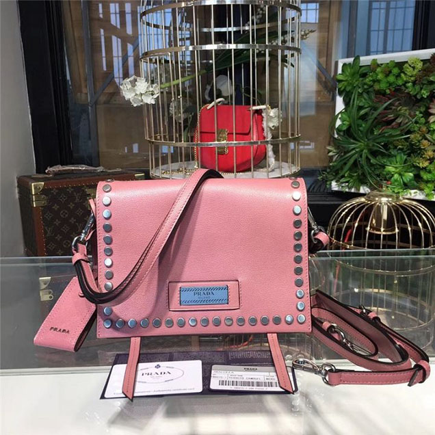 Prada Etiquette Studded Bag 23cm 1BD085 Calfskin Leather Fall Winter 2017 Collection Pink