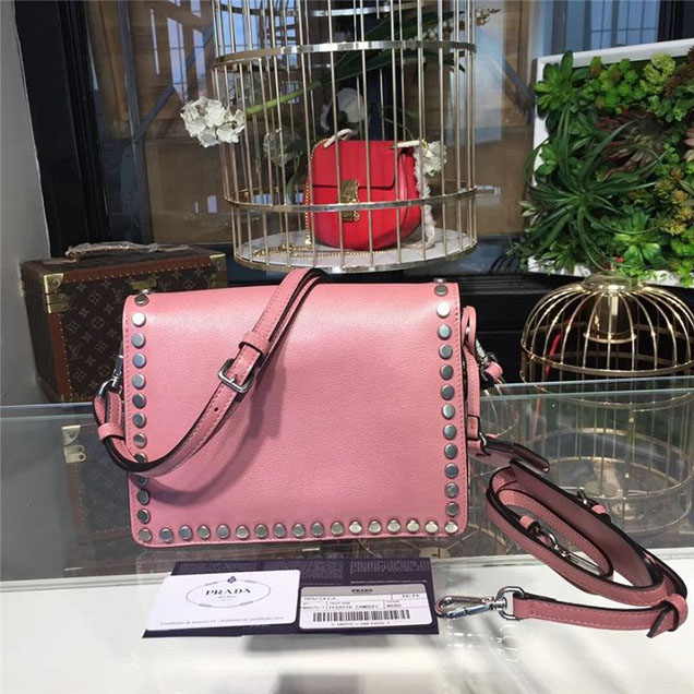Prada Etiquette Studded Bag 23cm 1BD085 Calfskin Leather Fall Winter 2017 Collection Pink