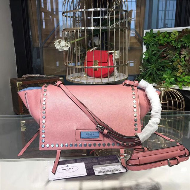 Prada Etiquette Studded Shoulder Bag 28cm 1BD085 Calfskin Leather Fall Winter 2017 Collection Pink