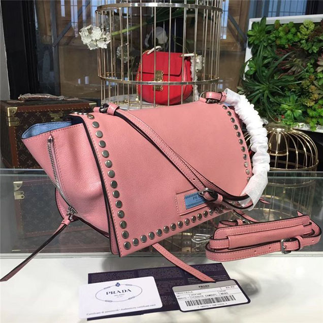 Prada Etiquette Studded Shoulder Bag 28cm 1BD085 Calfskin Leather Fall Winter 2017 Collection Pink