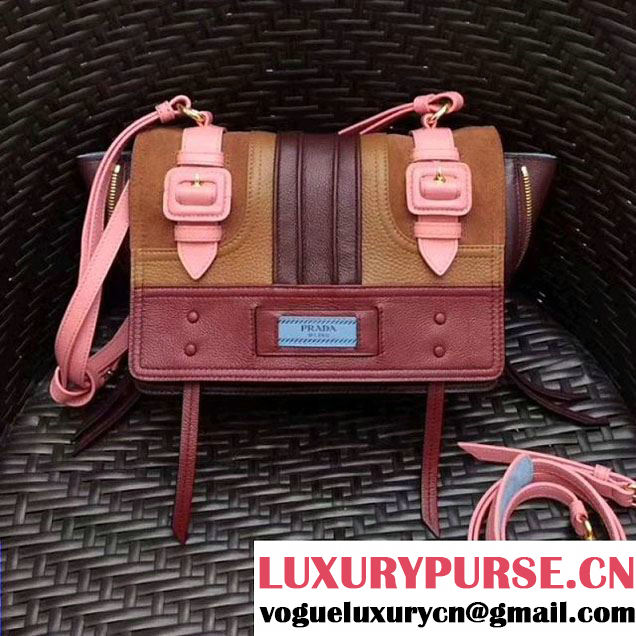 Prada Etiquette Leather Bag 1BD093 Pin/Tan/Burgundy 2017 (GYF-7120801 )