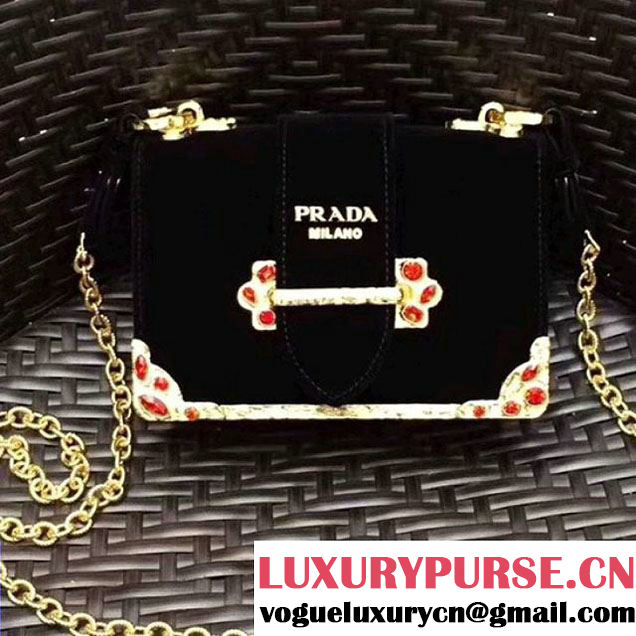 Prada Cahier Velvet Shoulder Bag With Crystals 1BH018 Black 2017 (GYF-7120817 )