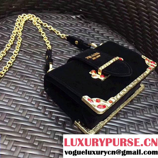 Prada Cahier Velvet Shoulder Bag With Crystals 1BH018 Black 2017 (GYF-7120817 )