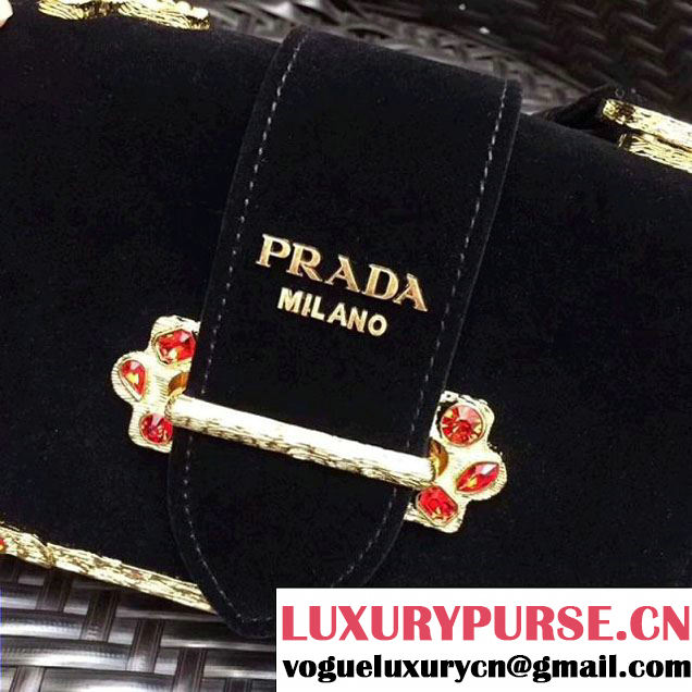 Prada Cahier Velvet Shoulder Bag With Crystals 1BH018 Black 2017 (GYF-7120817 )