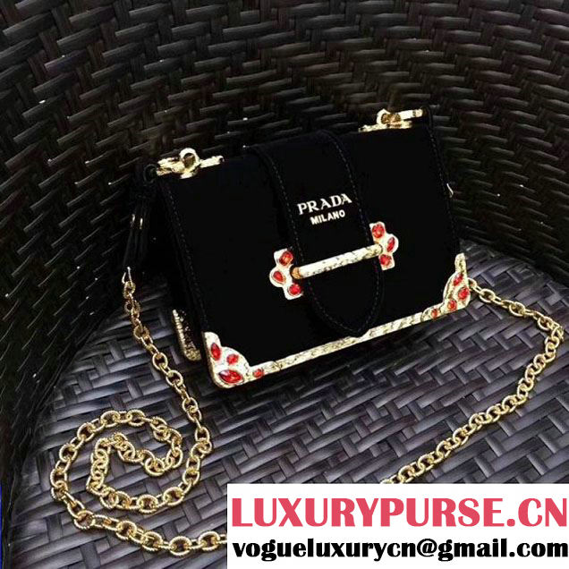 Prada Cahier Velvet Shoulder Bag With Crystals 1BH018 Black 2017 (GYF-7120817 )