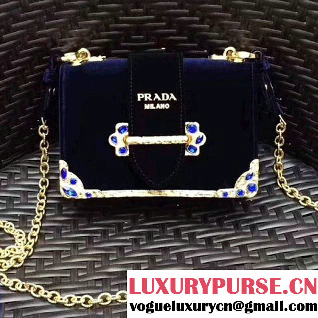 Prada Cahier Velvet Shoulder Bag With Crystals 1BH018 Deep Blue/Black 2017 (GYF-7120816 )