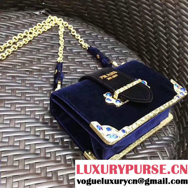 Prada Cahier Velvet Shoulder Bag With Crystals 1BH018 Deep Blue/Black  2017 (GYF-7120816 )