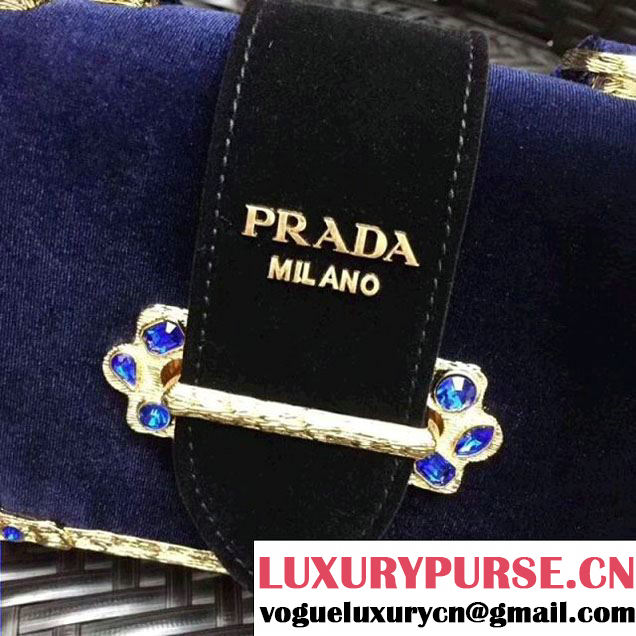 Prada Cahier Velvet Shoulder Bag With Crystals 1BH018 Deep Blue/Black  2017 (GYF-7120816 )