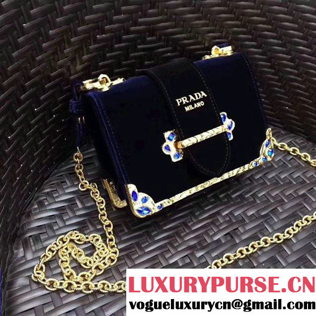 Prada Cahier Velvet Shoulder Bag With Crystals 1BH018 Deep Blue/Black  2017 (GYF-7120816 )