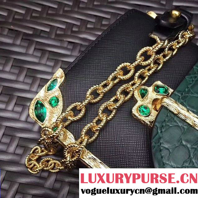 Prada Cahier Leather Shoulder Bag With Crystals 1BH018 Black/Green 2017 (GYF-7120815 )