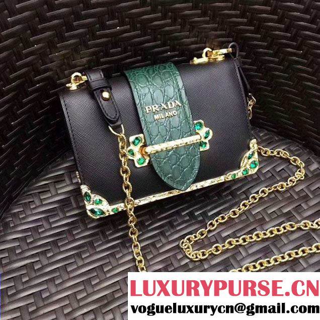 Prada Cahier Leather Shoulder Bag With Crystals 1BH018 Black/Green 2017 (GYF-7120815 )